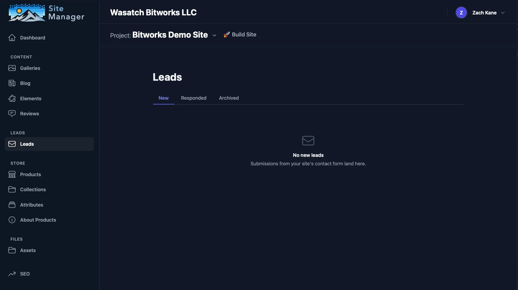 Site Manager Leads inbox with New, Responded, and Archived tabs for tracking every submission